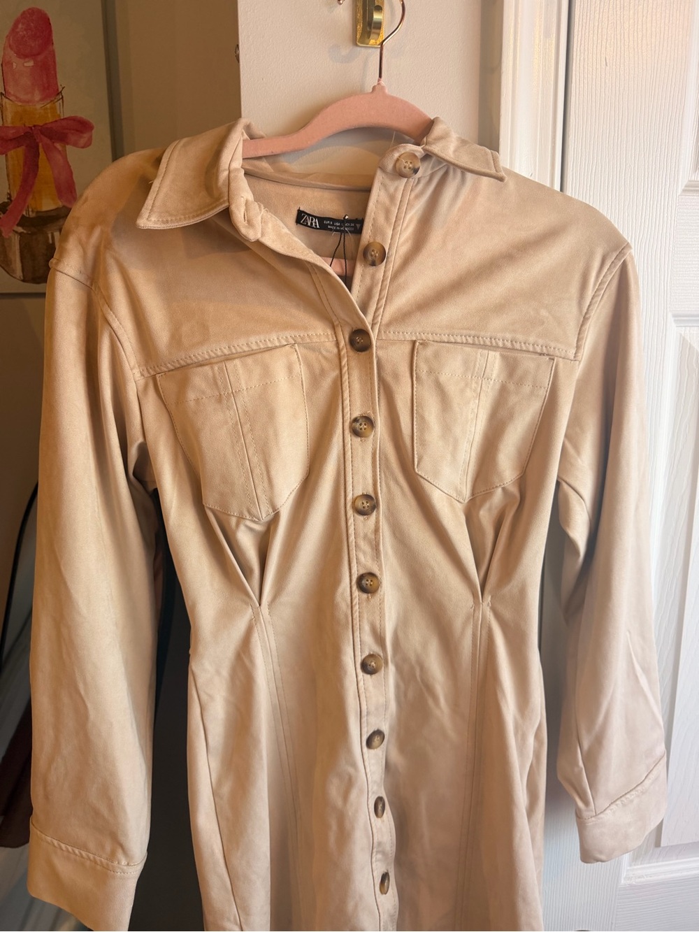 Zara Beige Button-Front Faux Leather Jacket